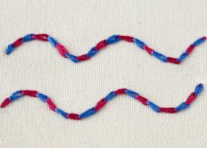 Magic Chain stitch embroidery with pink and blue floss