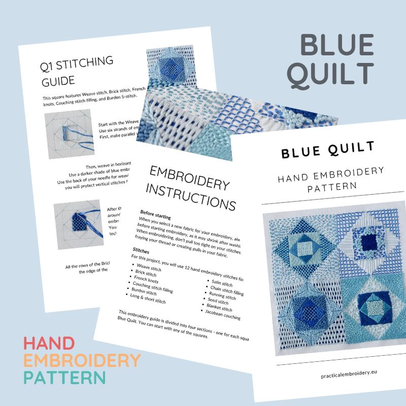 Blue Quilt Embroidery sampler PDF pattern in the shop image